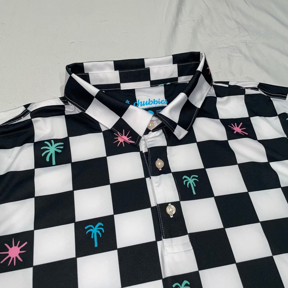 Chubbies Mens XL Performance Polo Shirt Checkerboard Palm Tree Sun Black White